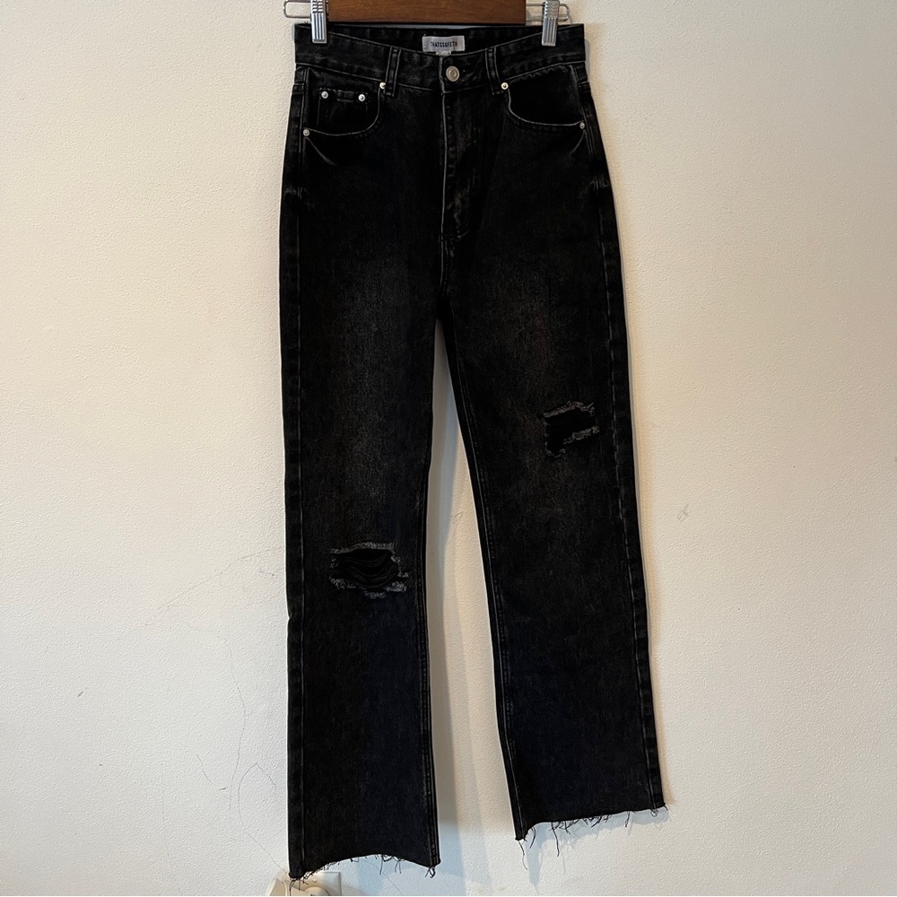 THATSSOFETCH Varski Semi-Wide Leg Black High Waisted Raw Hem Jeans - Picture 3 of 11